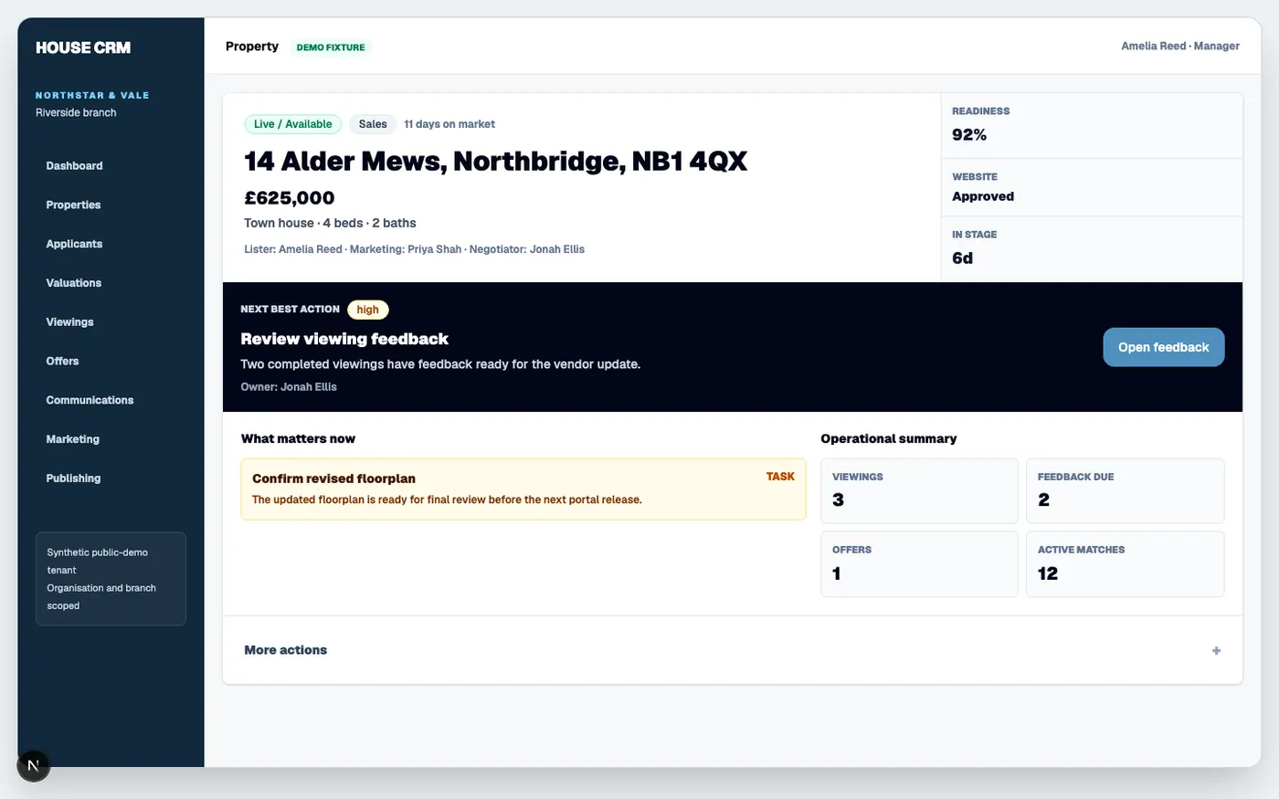 HouseCRM property workspace for the fictional 14 Alder Mews instruction