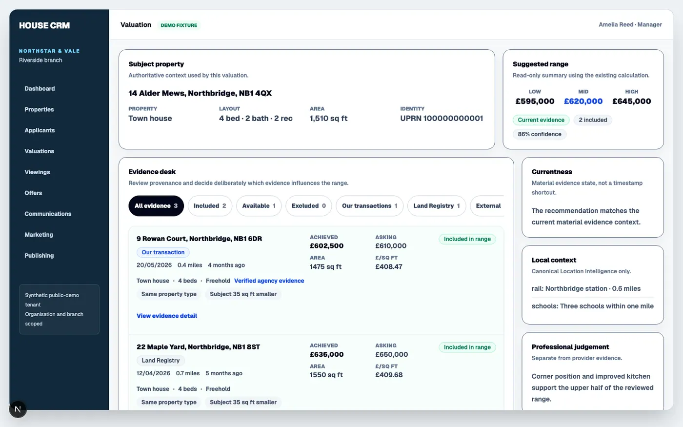 HouseCRM valuation evidence desk using fictional comparable records