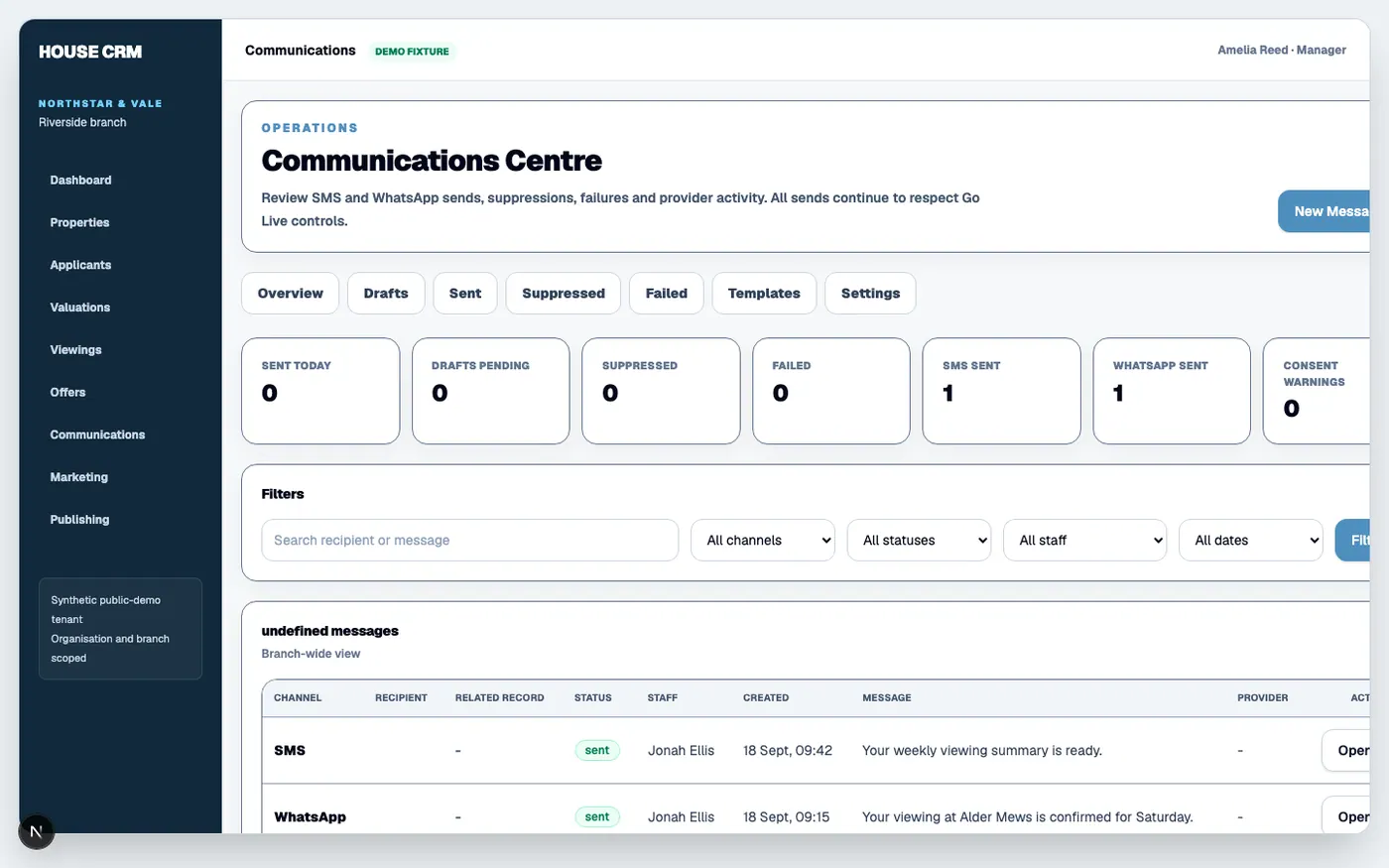 HouseCRM communications centre using fictional client records